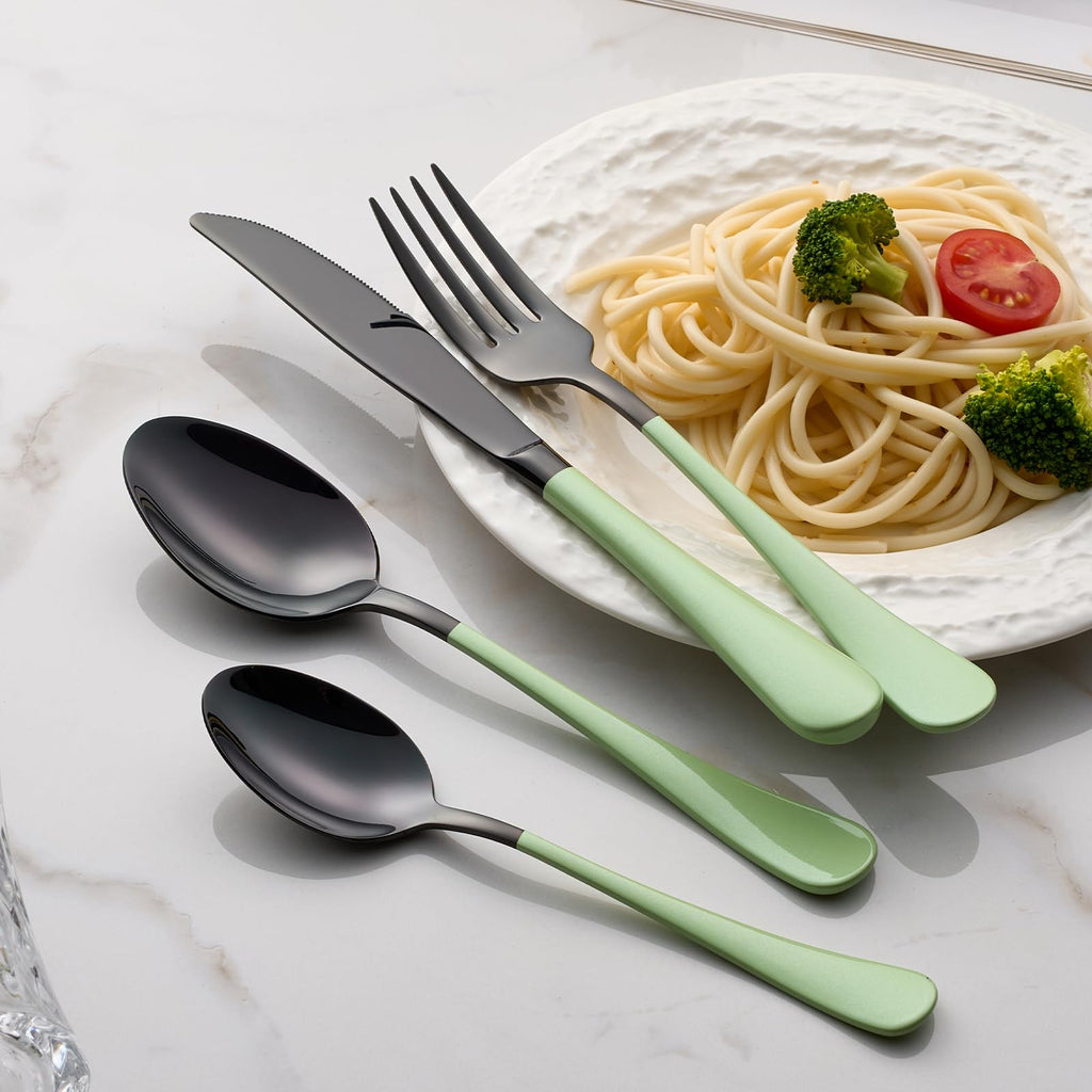 20-Pieces Blac and Pink Silverware Sets for 4,Pink Handle Stainless Steel Cutlery Set, Include Forks Spoons and Knives Set, Dishwasher Safe Utensil Sets for Home Restaurant