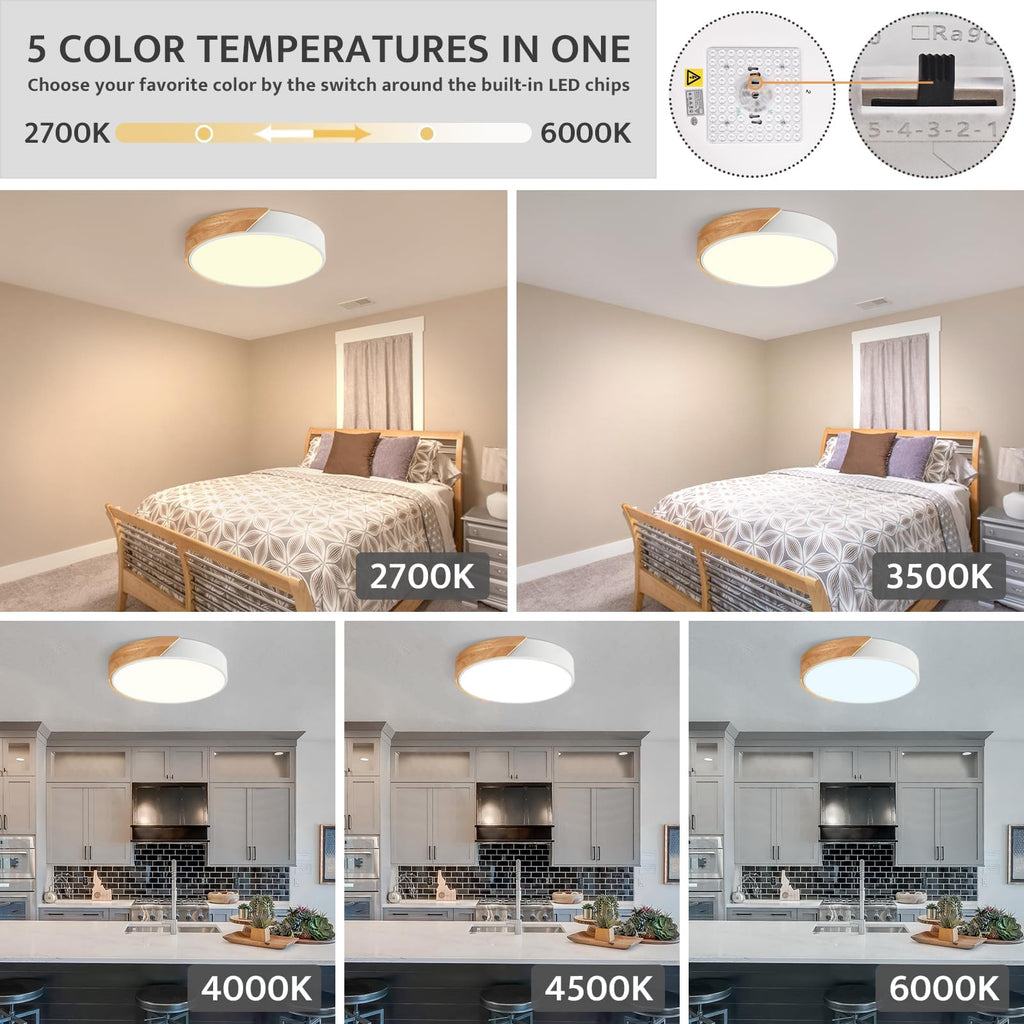 Modern LED Ceiling Light, Minimalist Wood Dimmable Flush Mount Ceiling Light Fixture, Round 5CCT Lighting Lamp with Acrylic Lampshade for Bedroom Hallway Kitchen Laundry, Black 11.8"