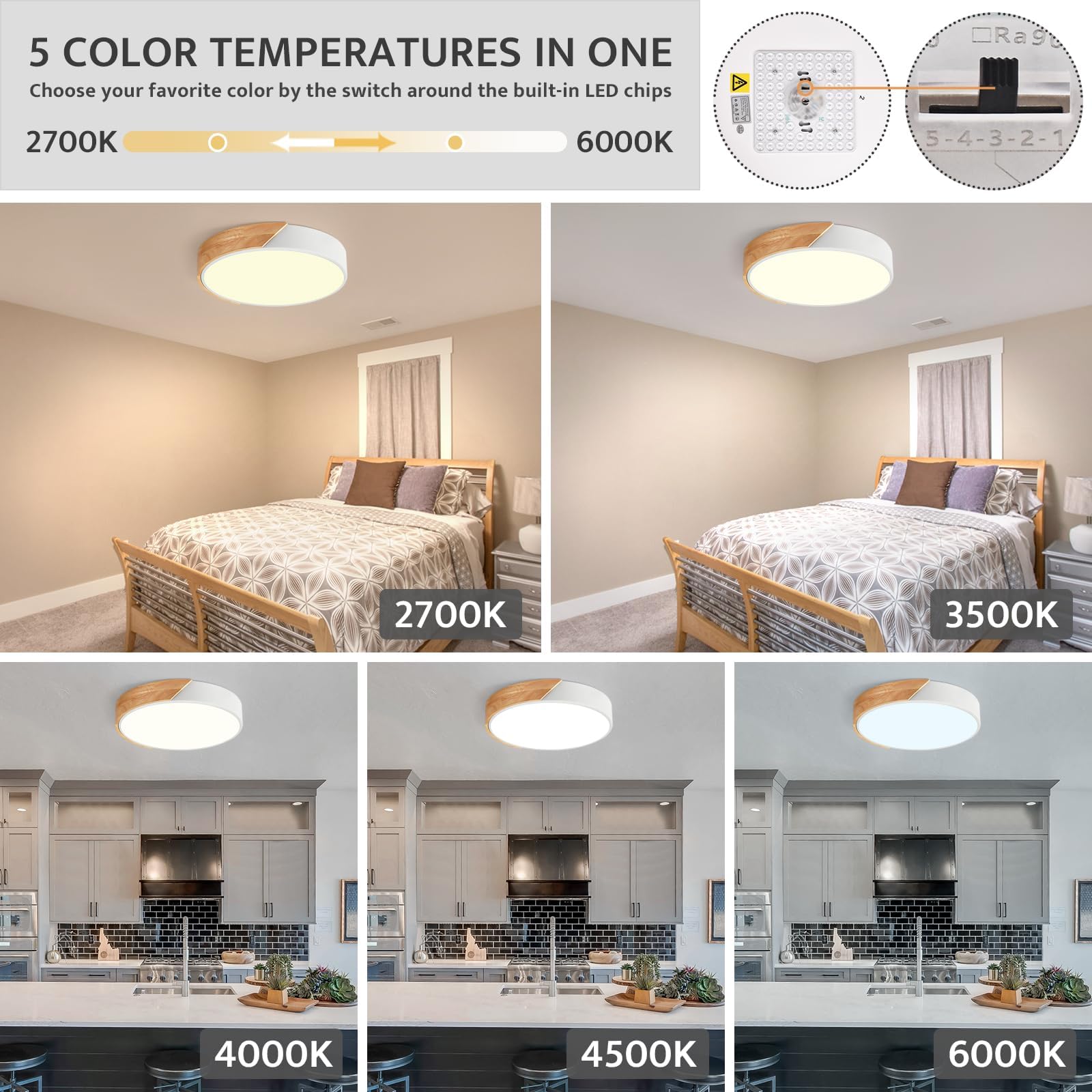 Modern LED Ceiling Light, Minimalist Wood Dimmable Flush Mount Ceiling Light Fixture, Round 5CCT Lighting Lamp with Acrylic Lampshade for Bedroom Hallway Kitchen Laundry, Black 11.8"