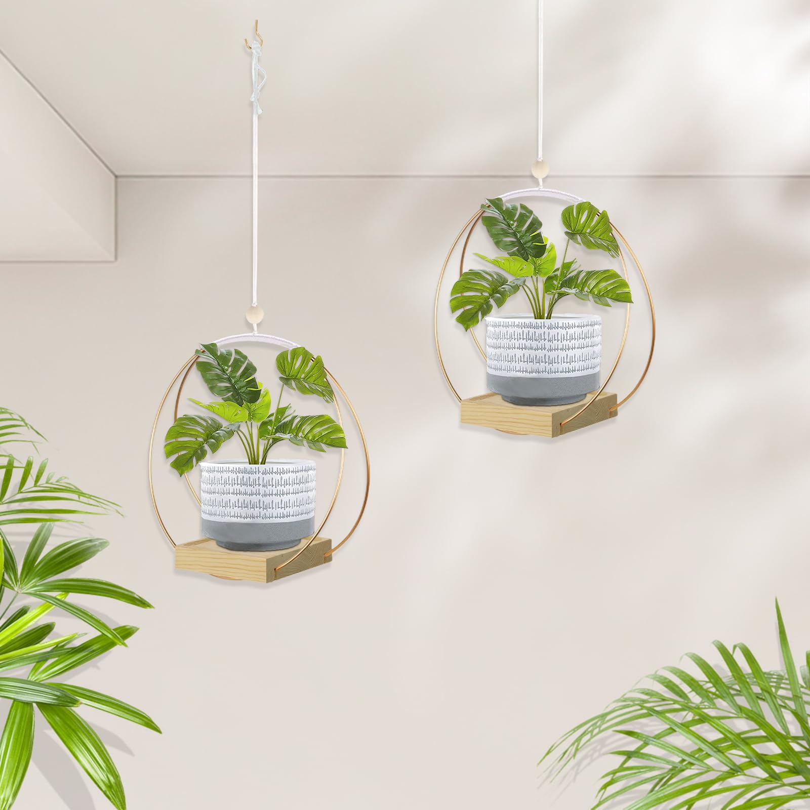 Hanging Planter for Indoor Plants, Black Plant Hanger Indoor with Sturdy Wood Base, Modern Boho Macrame Plant Hanger for 3-5.5 Inch Pot, Hanging Wall Ceiling Window Home Decor (Pots Not Included)