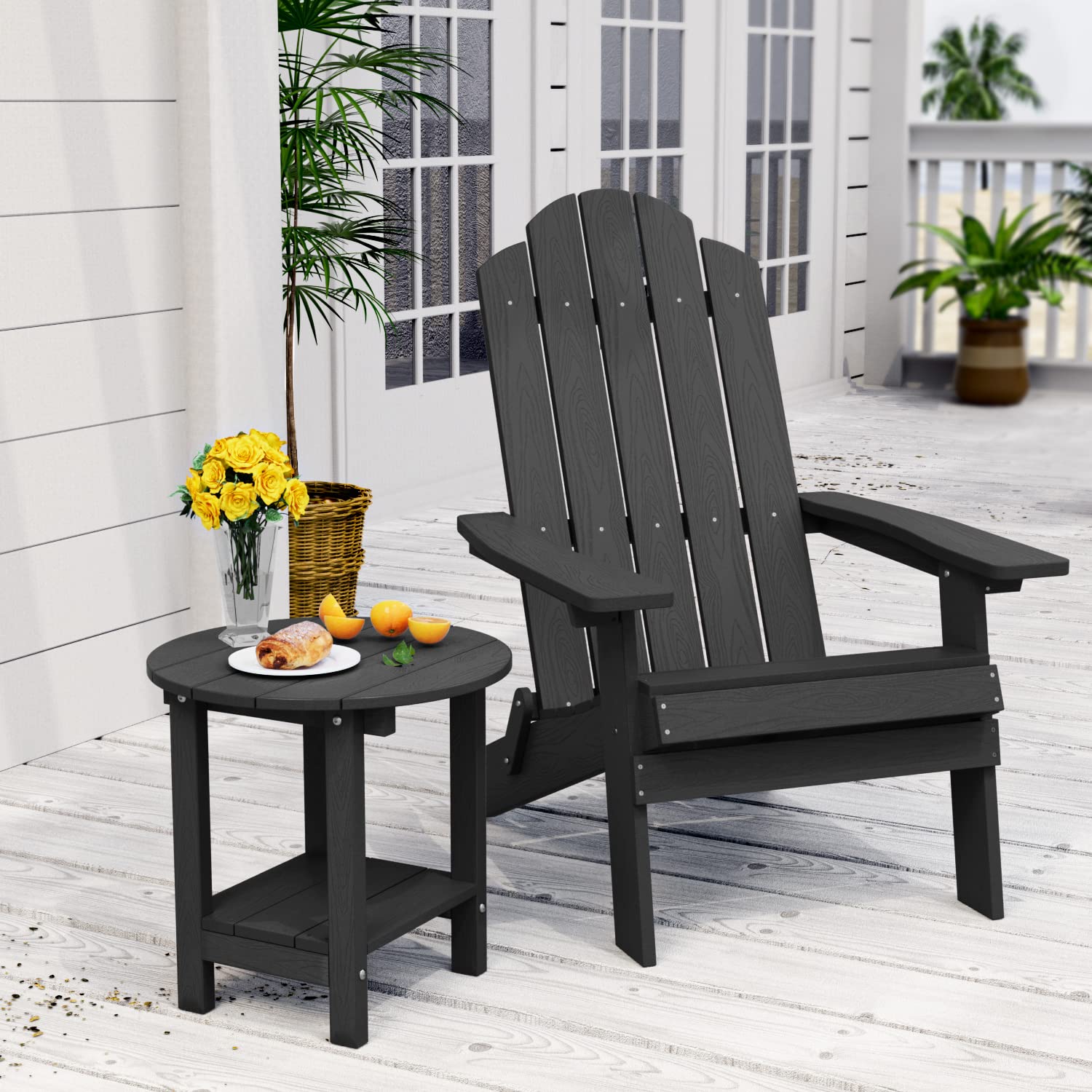 MXIMU Round Outdoor Side Table Adirondack Tables 18 Inch Chairside End Tables with Storage Shelf, 2-Tier Plastic Patio Side Table for Balcony Backyard Lawn (Black, 1 Pack)