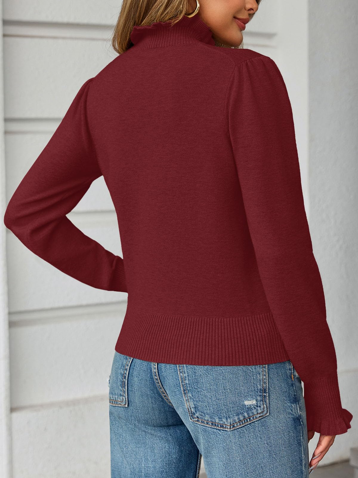 Saodimallsu Womens Ruffle Mock Neck Sweater Puff Long Sleeve Fall Soft Knit Casual Pullover Sweaters Top