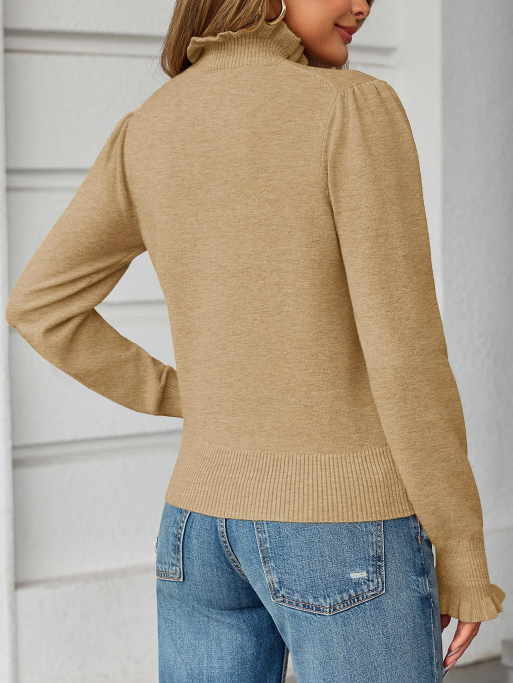 Saodimallsu Womens Ruffle Mock Neck Sweater Puff Long Sleeve Fall Soft Knit Casual Pullover Sweaters Top