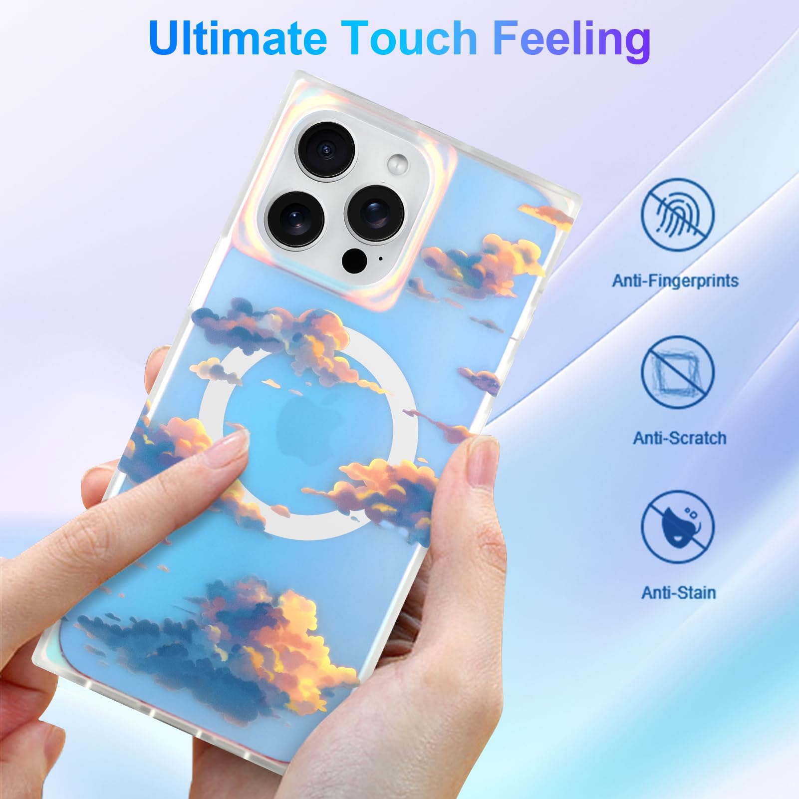Cute Case for iPhone 13 Pro Case for Women Girls with Iridescent Cloud Pattern Design, Aesthetic Trendy Girly Matte Glitter Sparkly Rainbow Rectangle Protective Phone Cover, Sun Set Sky