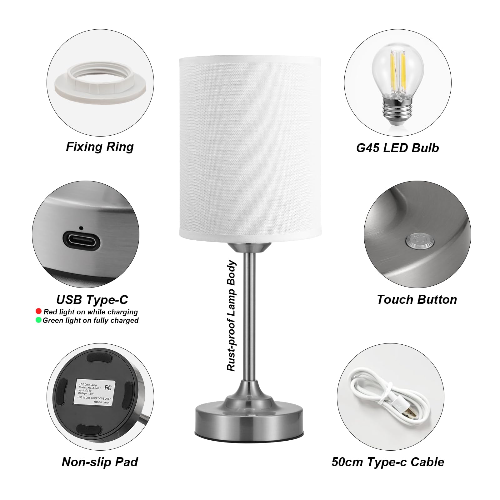 Touch Control Cordlss Table Lamp, USB-C Rechargeable Lamp with Stepless Dimming, 4000mAh Battery Operated Bedside Lamp for Bedroom, Living Room, Night Light & Emergency Lighting, Black, 1 Pack