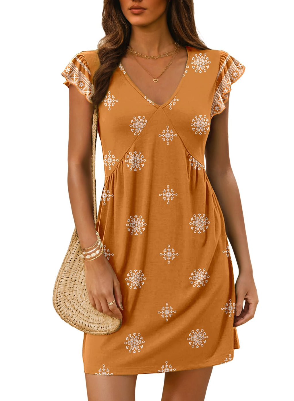 Dokotoo Women's Summer Dresses Beach 2026 Casual Deep V Neck Loose Sundress Ruffle Sleeve Mini Dress