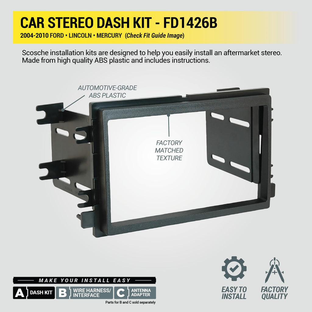Scosche ICFD6BN Double DIN Radio Installation Dash Kit Compatible with Select 2007-2010 Ford and Mercury Vehicles - Complete Basic Aftermarket Car Stereo Install Kit - See Fit Guide Image for Vehicles