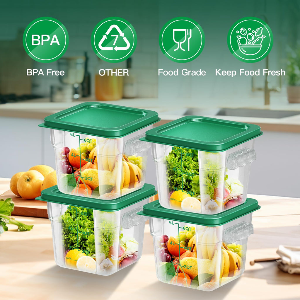 6 pcs 2qt Food Storage Containers with Lid, Square Clear Commercial Storage Containers with Handle and Scale for Food Storage in Home Kitchen & Dining (Green)