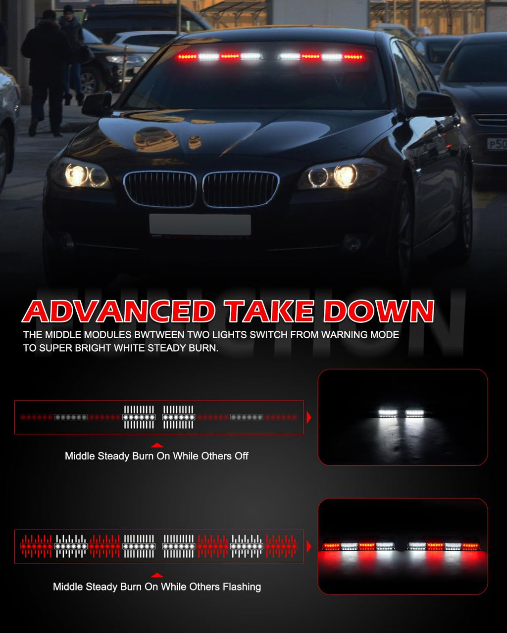 HLauto 604N Emergency Dash Strobe Lights: 2x16.8 inch Amber White Security Light w/Take Down, 48 LED Safety Flashing Warning Hazard Interior Windshield Light Bar for Truck Vehicle