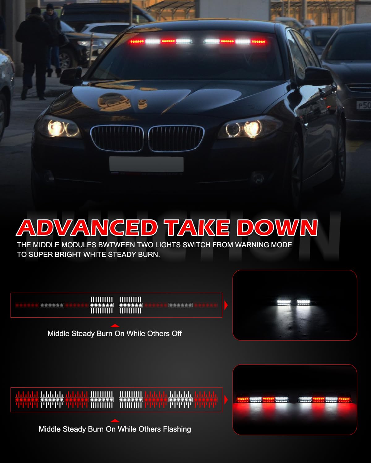 HLauto 604N Emergency Dash Strobe Lights: 2x16.8 inch Amber White Security Light w/Take Down, 48 LED Safety Flashing Warning Hazard Interior Windshield Light Bar for Truck Vehicle
