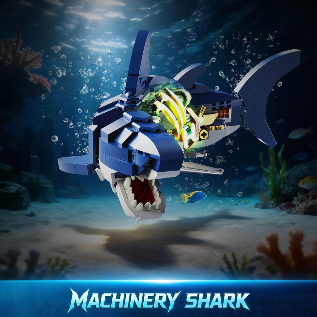 INSOON Mechanical Shark Building Set with LED Light, 687 PCS Interactive Building Block Model with Display Stand, Movable Ocean Animal STEM Toy, Home Decor Gift for Adults Teens Kids Boys Ages 8-12+
