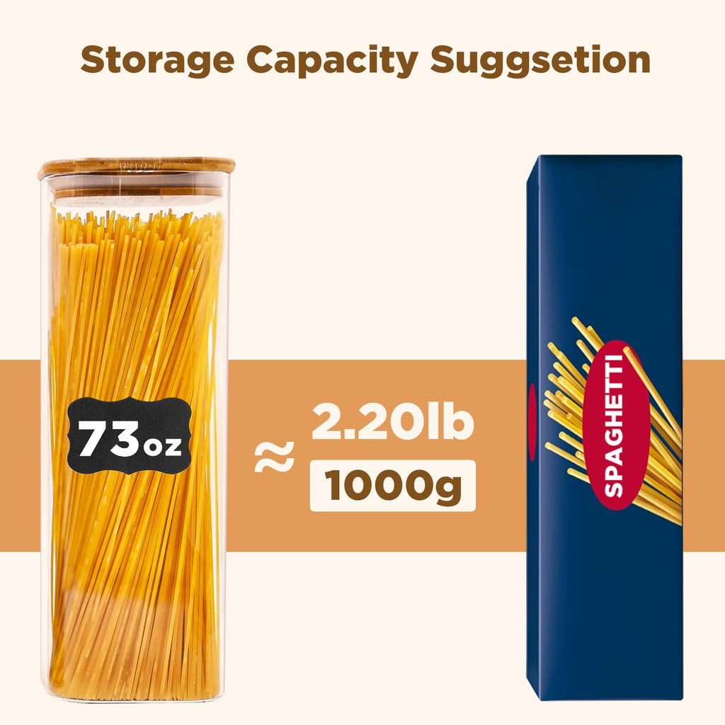SHOWIN 73oz Glass Pasta Storage Jars, Tall Glass Jars with Bamboo Lids, Spaghetti Container, Set of 3, Kitchen Storage Containers for Pasta, Pantry Organizers