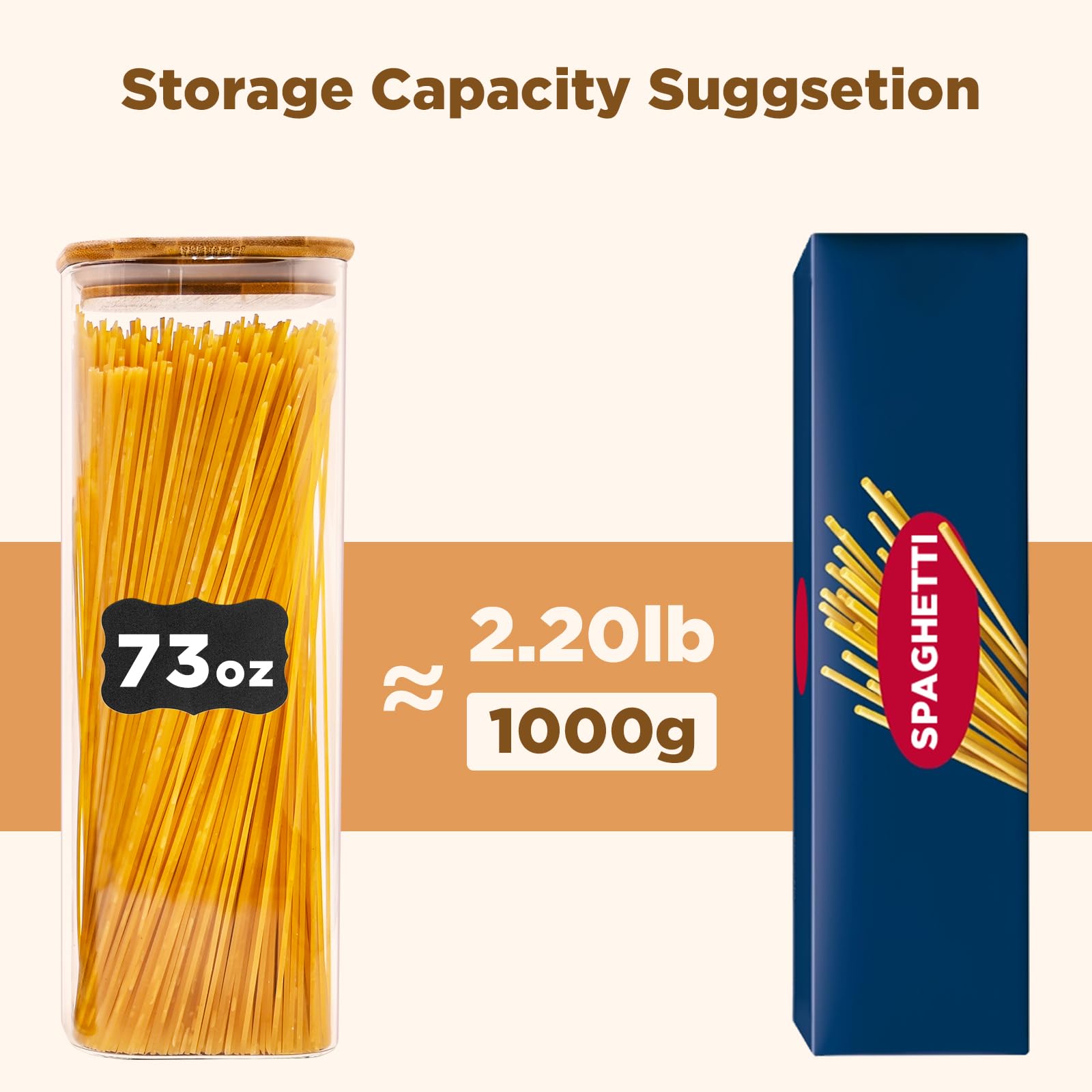 SHOWIN 73oz Glass Pasta Storage Jars, Tall Glass Jars with Bamboo Lids, Spaghetti Container, Set of 3, Kitchen Storage Containers for Pasta, Pantry Organizers