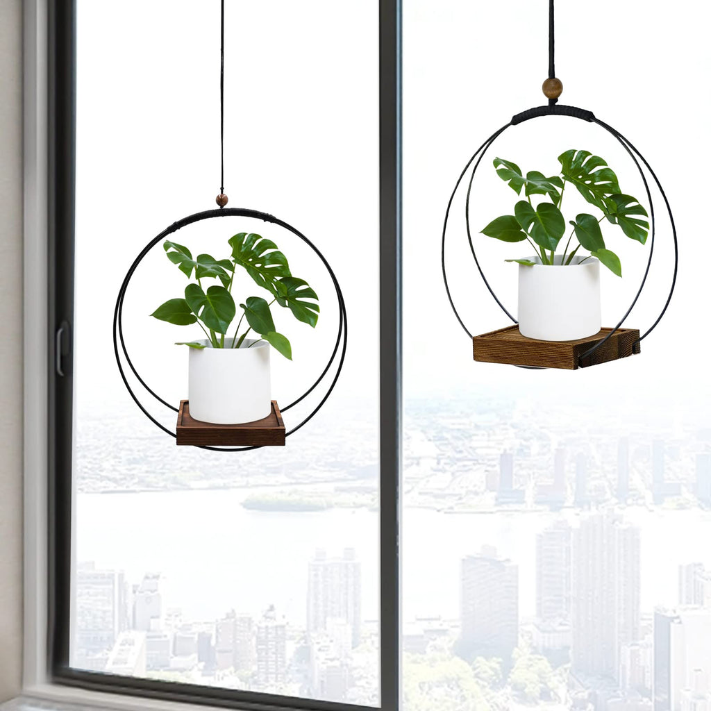 Hanging Planter for Indoor Plants, Black Plant Hanger Indoor with Sturdy Wood Base, Modern Boho Macrame Plant Hanger for 3-5.5 Inch Pot, Hanging Wall Ceiling Window Home Decor (Pots Not Included)