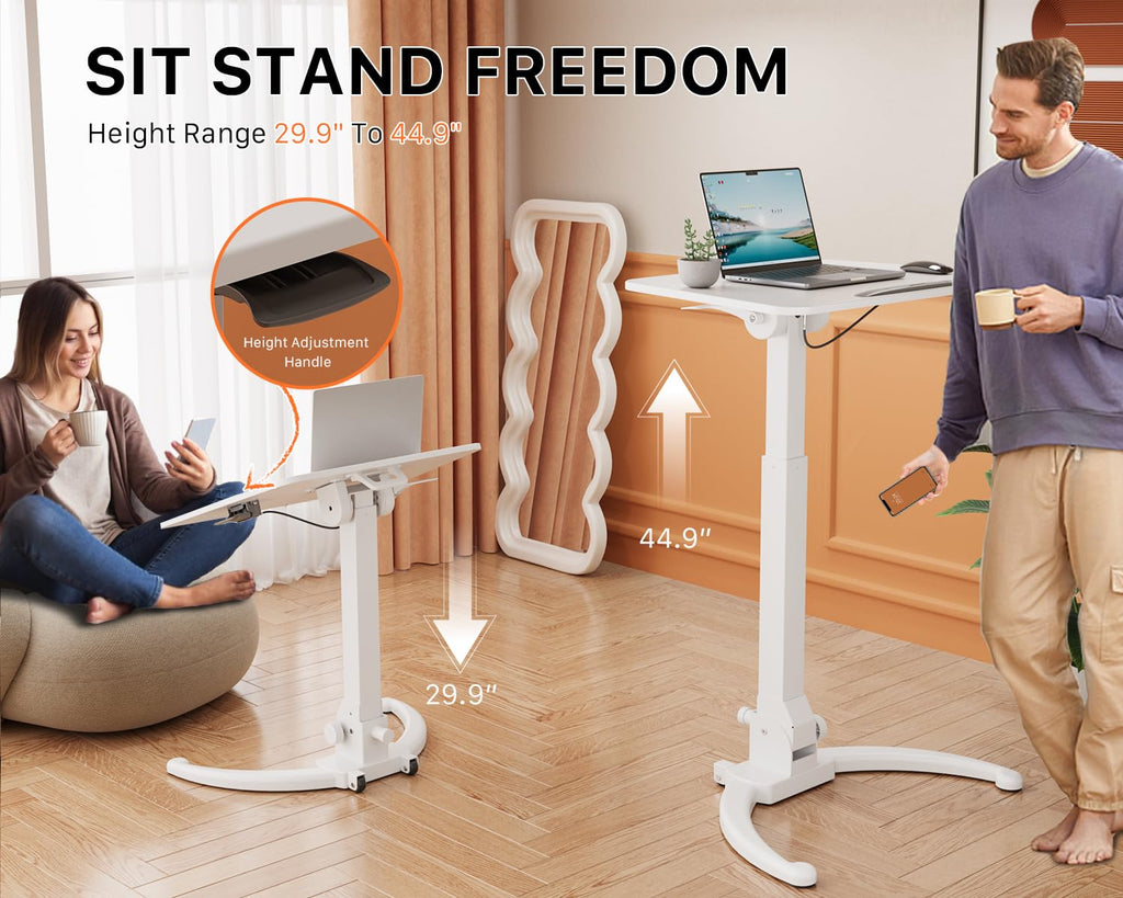 JOY worker Foldable Mobile Standing Desk, Height Adjustable Sit Stand Desk, 90° Tiltable Rolling Laptop Table, Portable Workstation with Non-Slip Mat for Home Office, Holds Up to 22lbs, Black