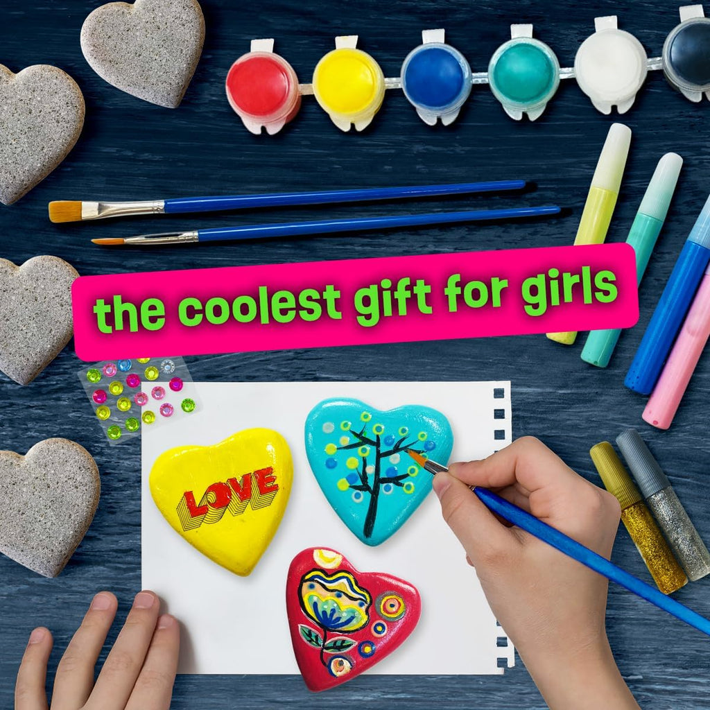 Hearts Rock Painting Kit for Kids Girls - Glow in Dark Art Supplies Ages 4-12 - Complete STEM Craft Set with Puffy Paint Stickers Gems Paints - Educational Birthday Easter Gifts Art Toys for Girl