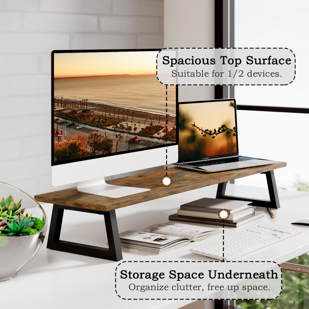 TEAMIX 31.5 inch Dual Monitor Riser, Long Black Monitor Stand Riser Wide TV Stand Riser Monitor Stand for 2 Monitors Wood & Steel Desktop Riser Desk Organization Home Office