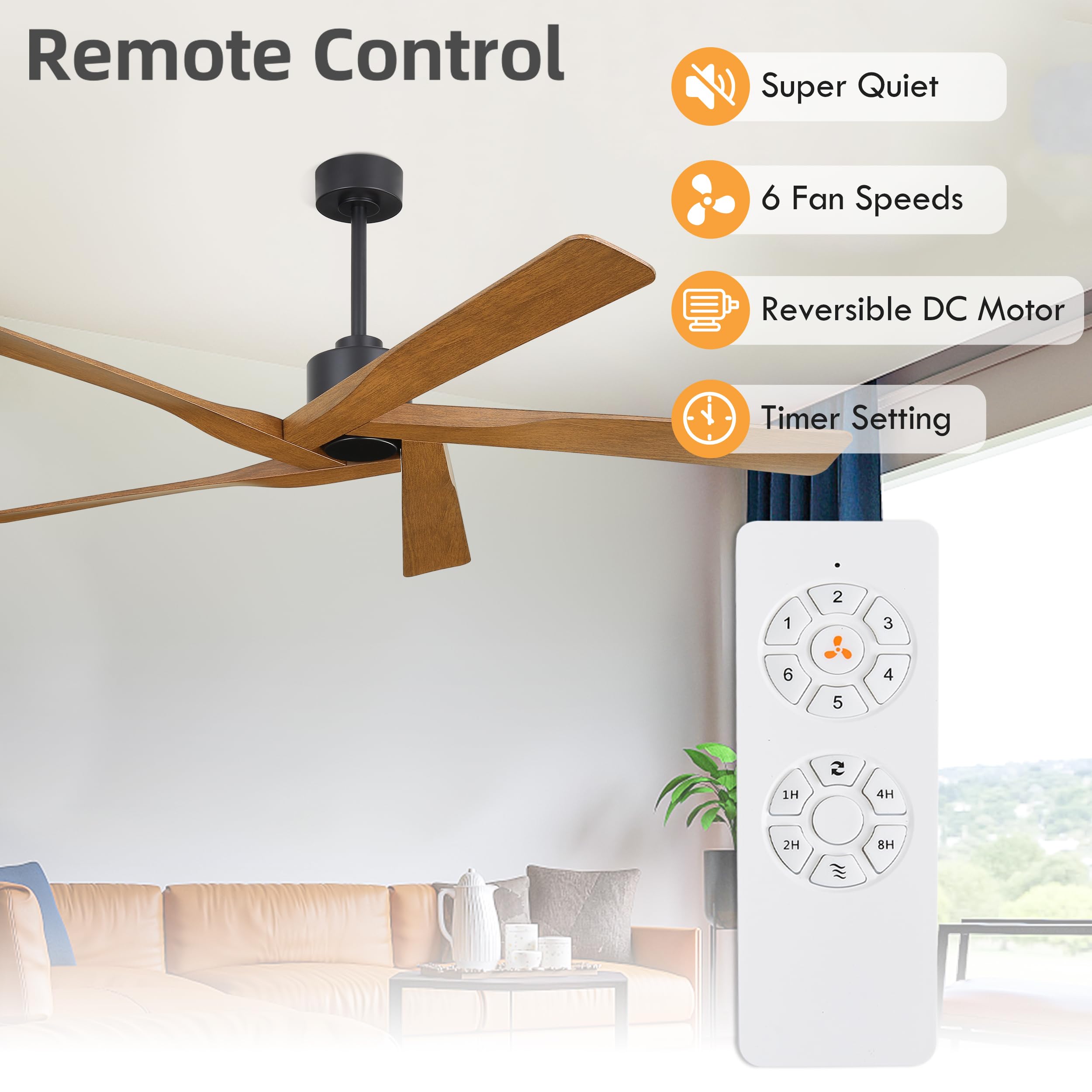 WINGBO 54" ABS DC Ceiling Fan No Light, 5 Blade Wood Grain ABS Ceiling Fan with Remote, 6-Speed Reversible DC Motor, Ceiling Fans without Light for Kitchen Bedroom Living Room, Antique Nickel and Grey