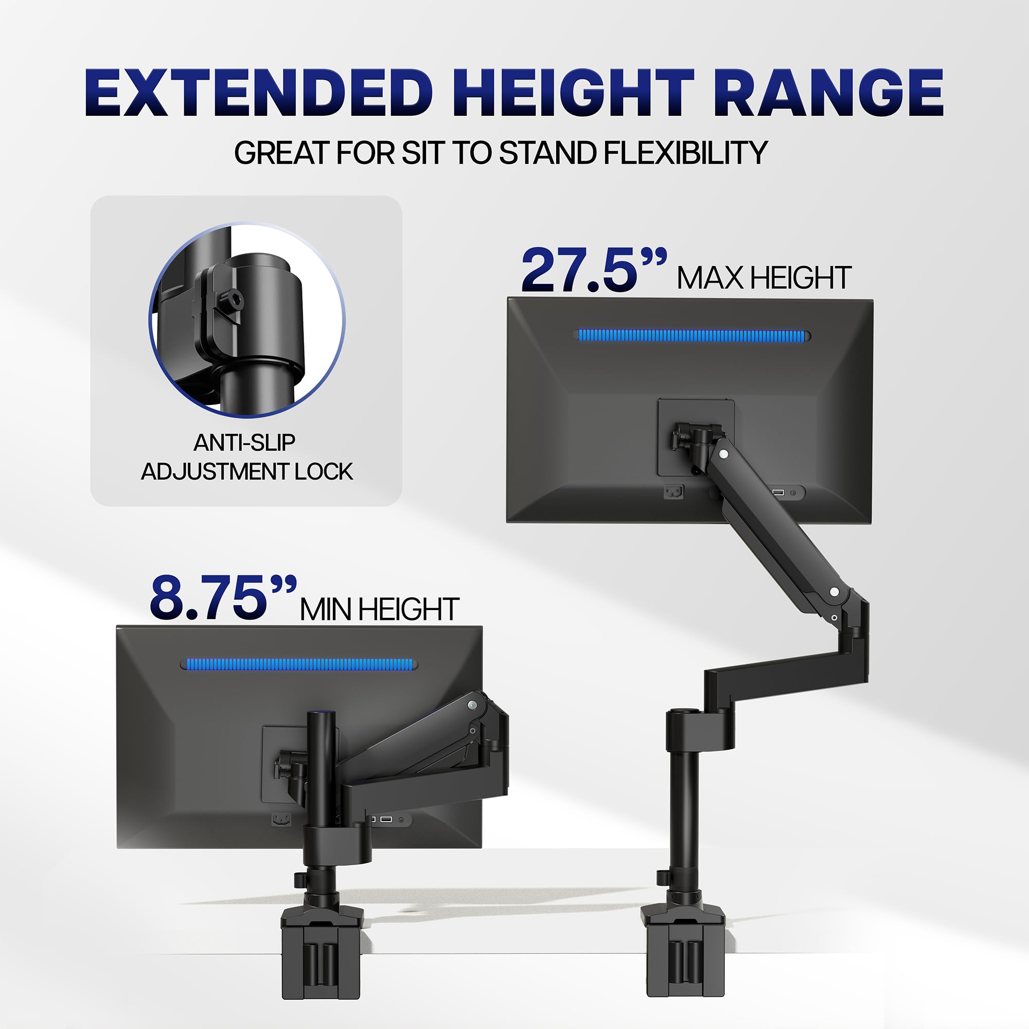 VIVO Premium Aluminum Tall Extended Monitor Arm for Ultrawide Monitors up to 49 inches and 33 lbs, Single Desk Mount Stand, Pneumatic Height Adjusting, Max VESA 100x100, Black, STAND-V101GT