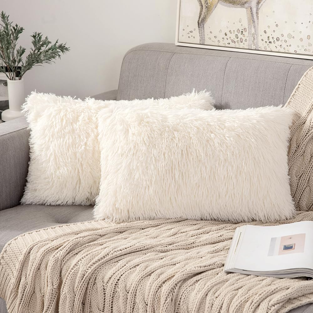 ANRODUO Pack of 2 Baby Pink Throw Pillow Covers Luxury Fluffy Pillows Faux Fur Decorative Pillows Plush Cushion Case Fuzzy Mongolian Merin Style for Bed Couch Sofa Living Room Summer Decor 16x16 Inch