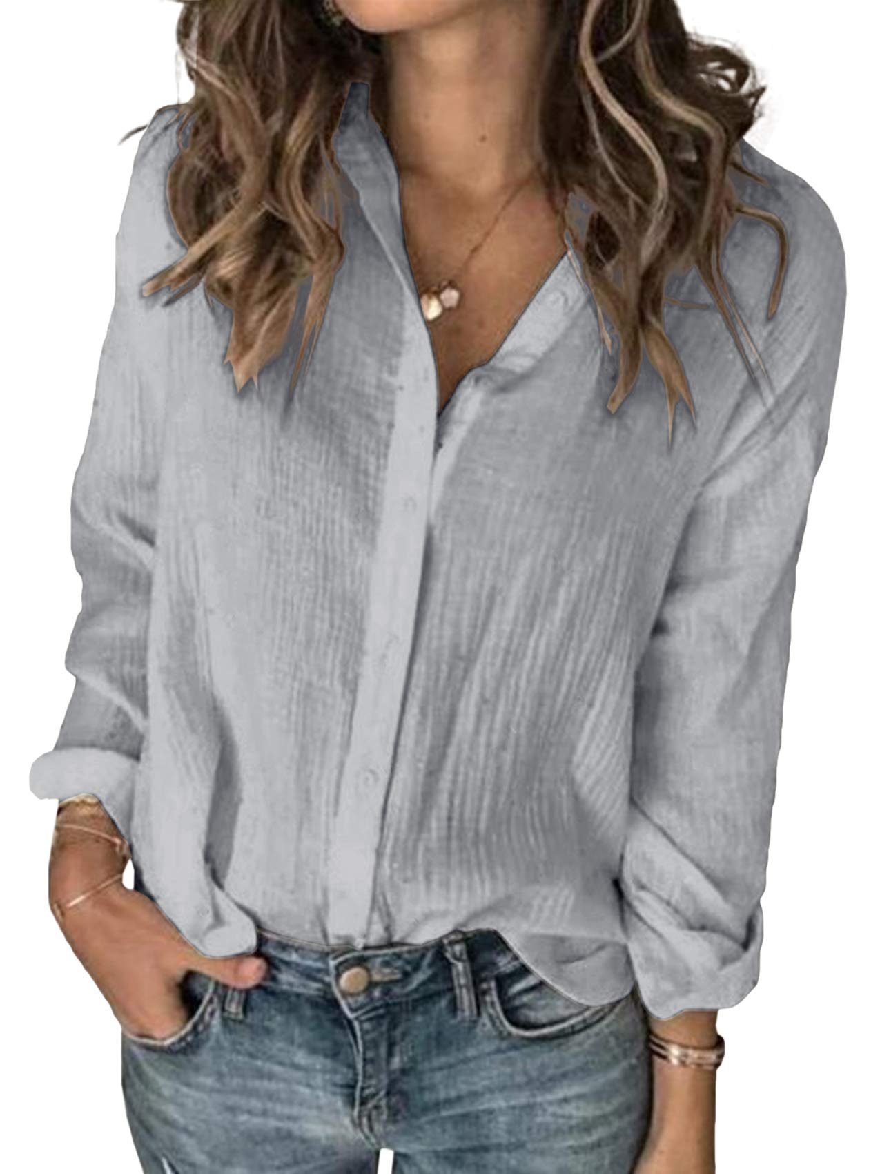 Karlywindow Womens Long Sleeve Button Down Cotton Linen Shirt Blouse Loose Fit Casual V-Neck Tops
