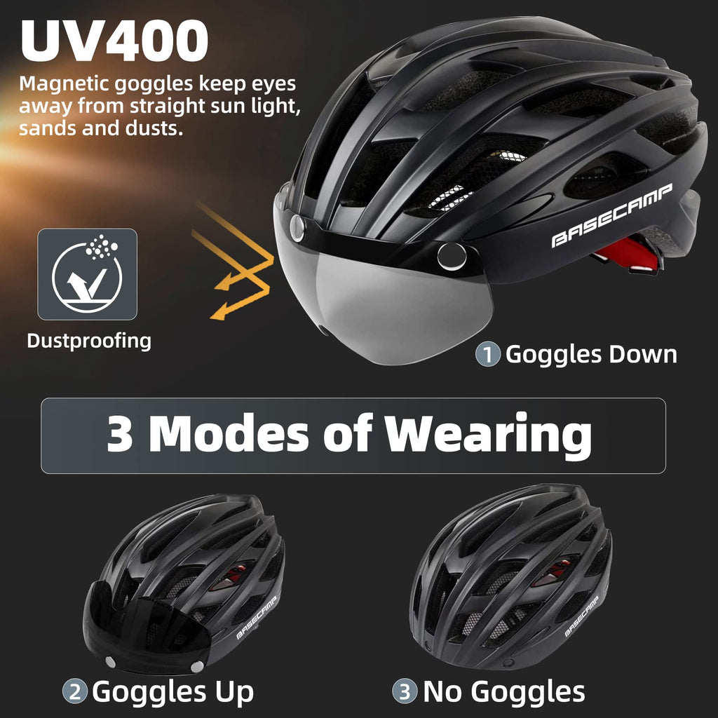 Bike Helmet, Basecamp Bicycle Helmet with Rear Light & Detachable Magnetic Goggles Lightweight Cycling Helmet Adjustable for Adult Men Women Mountain & Road (BC-069)