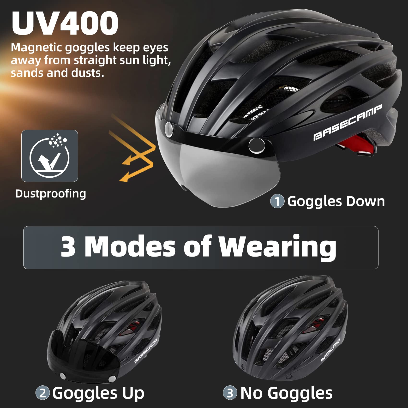 Bike Helmet, Basecamp Bicycle Helmet with Rear Light & Detachable Magnetic Goggles Lightweight Cycling Helmet Adjustable for Adult Men Women Mountain & Road (BC-069)