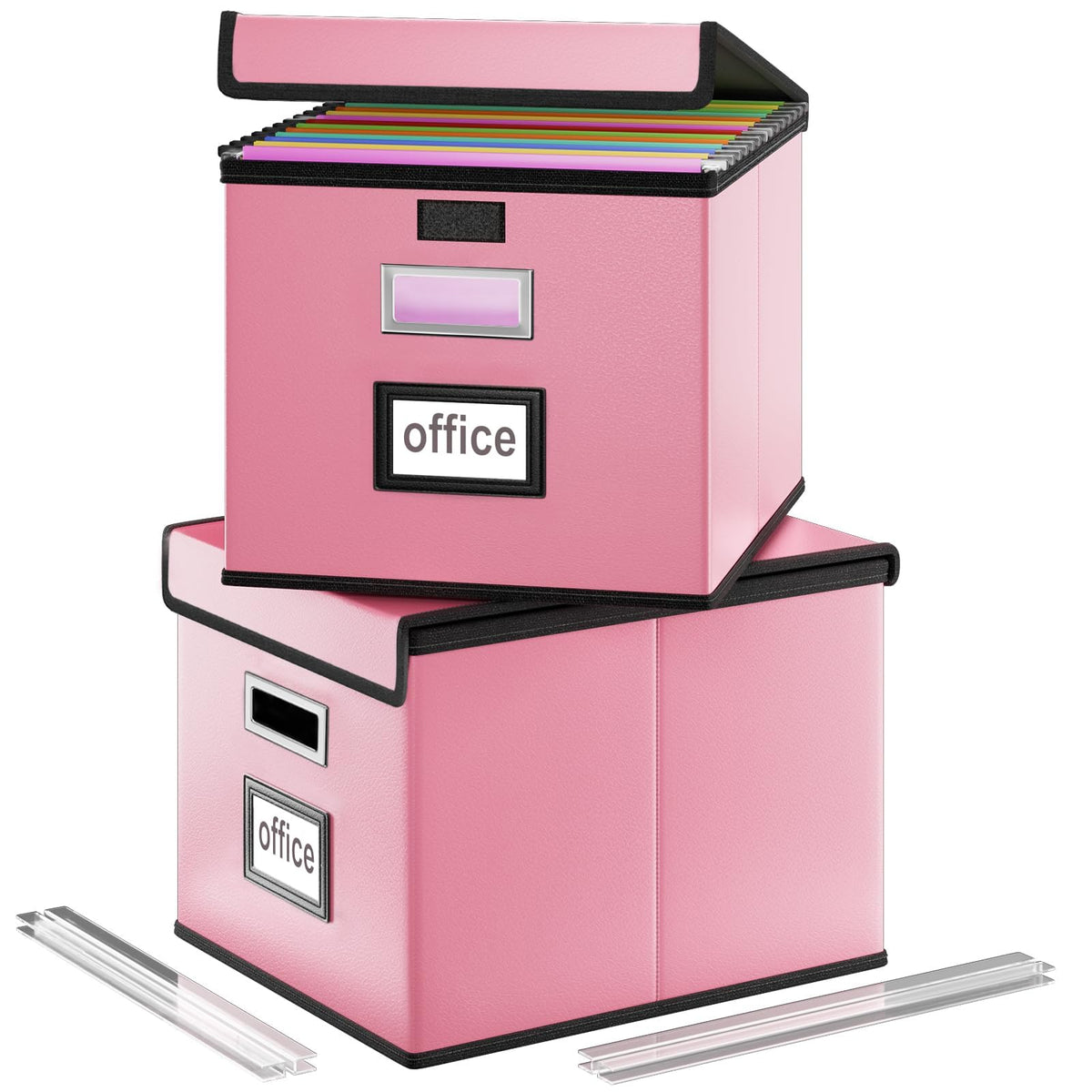 File Organizer Box with Lid, Collapsible Faux Leather Hanging File Folder Box Organizer with Plastic Slides, Decorative Home/Office Filing System Boxes for File and Folders Storage