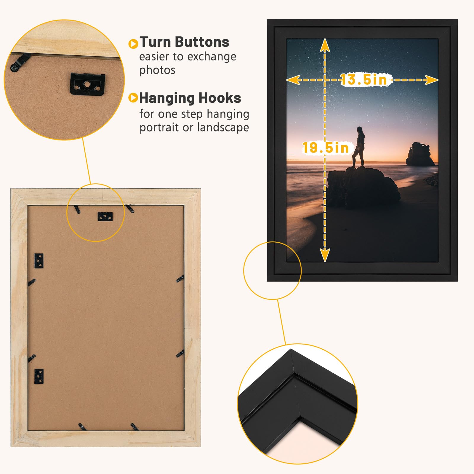 Golden State Art, 13x19 Picture Frame - Displays 11x17 Photo with Mat or 13x19 Without Mat, Wide Moulding Solid Wood Frame for Wall Display, Black