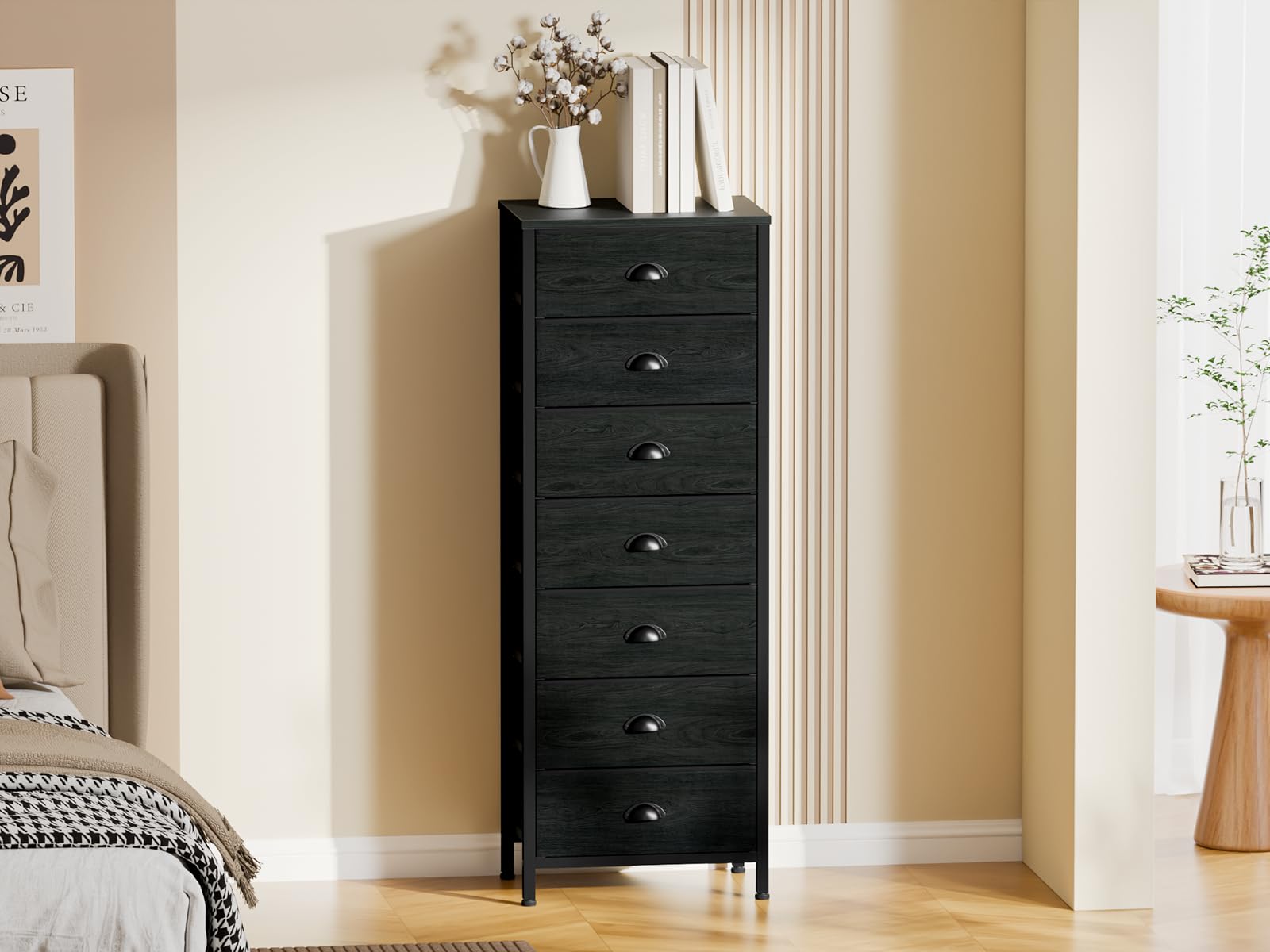 Furnulem Tall Dresser with 6 Drawers,Vertical Bedside End Table & Chest for Bedroom,Black Storage Tower Dorm Nightstand with Fabric Drawer Organizer Unit Furniture in Living Room,Closet,Hallyway
