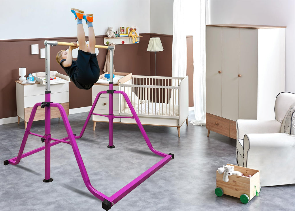 Foldable & Moveable Gymnastics Horizontal Bar with Rings,3’to 5’Adjustable Height Expandable Junior Kip Bar for Home,Indoor Gym Equipment for Kids