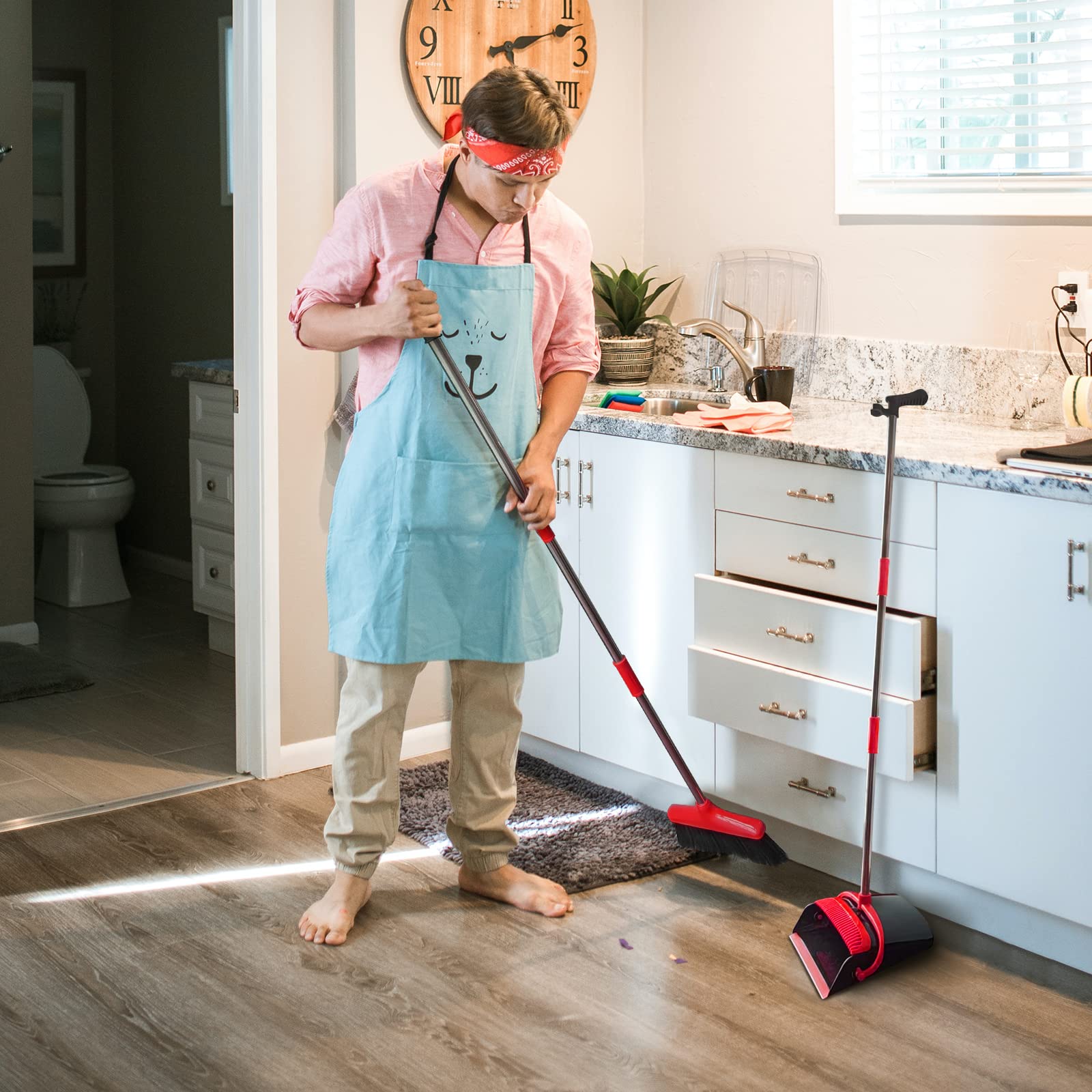 Broom with Dustpan Combo Set 54” Long Handle Household Dust Pan for Home Office Kitchen Cleaning （Black & Grey）