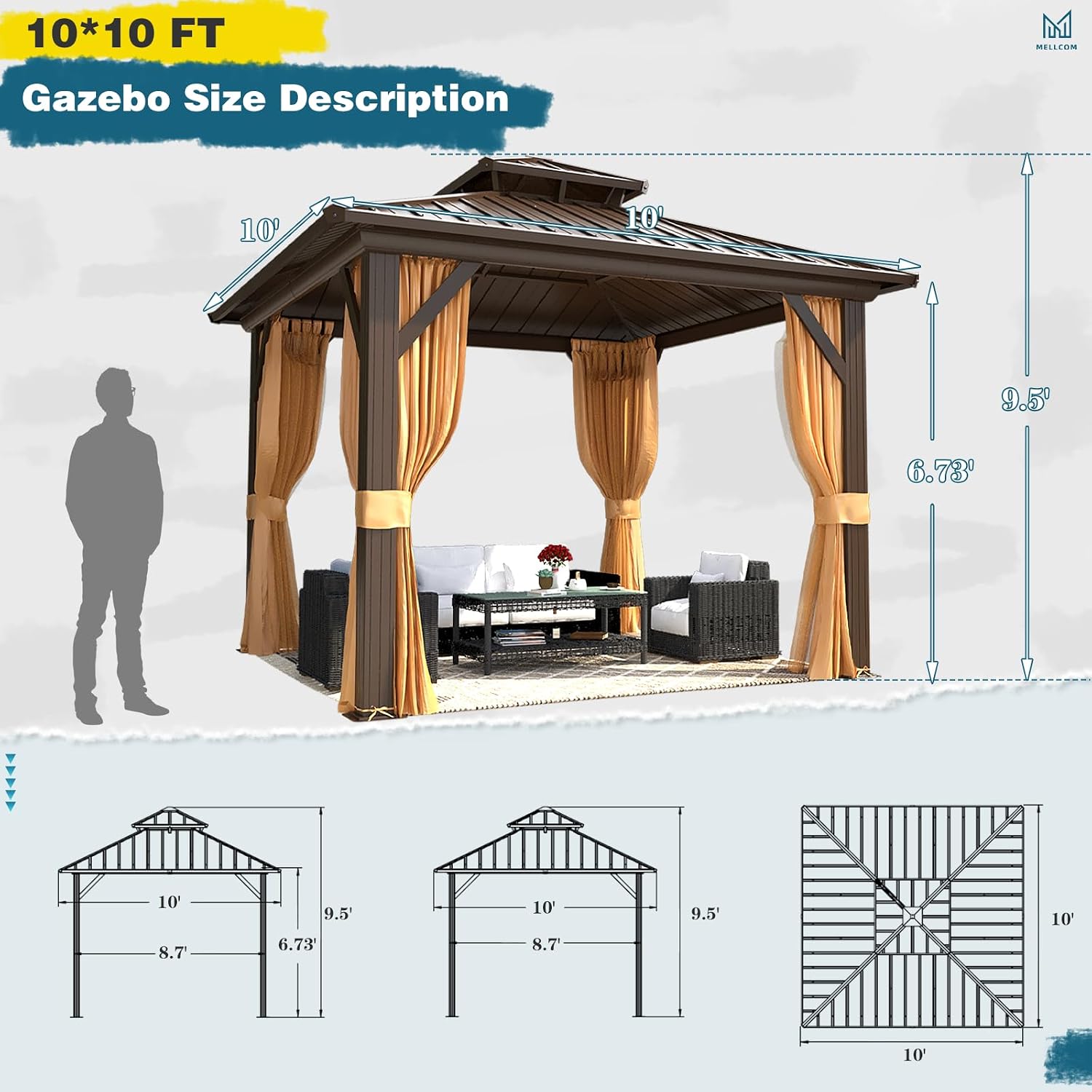 MELLCOM 10'x10' Hardtop Gazebo, Metal Double Roof Aluminum Gazebos with Curtain and Netting,Brown Permanent Galvanized Steel Pavilion for Patio, Lawn & Deck