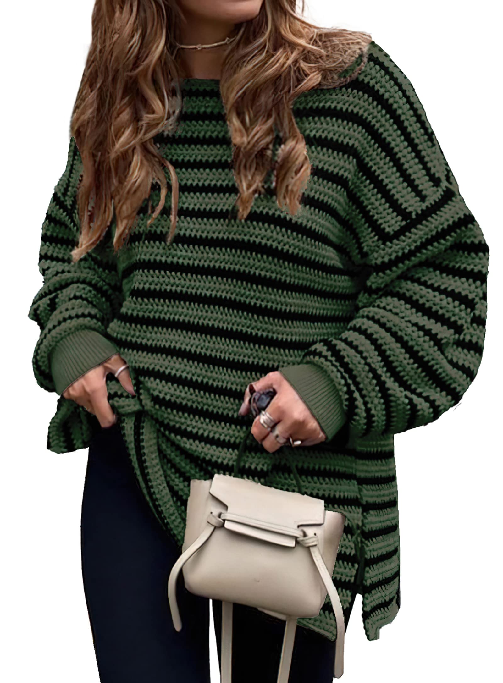 KIRUNDO Women's 2026 Fall Winter Oversized Long Sleeve Striped Sweater Casual Crewneck Side Split Pullover Knit Tops