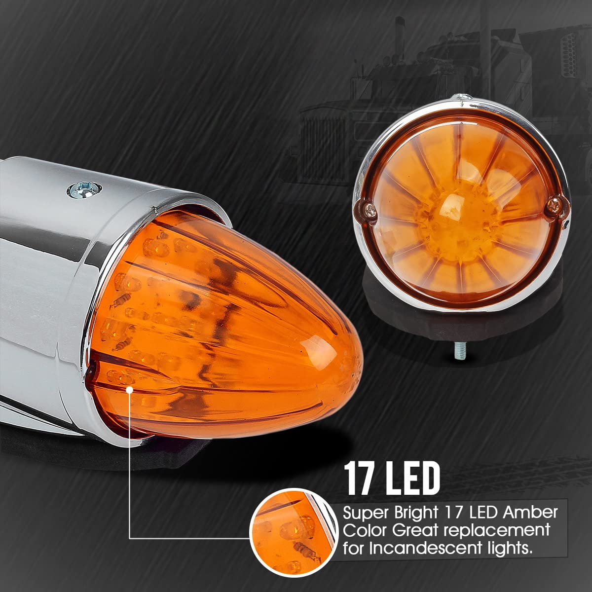 Partsam 5PCS 17 LED Amber Torpedo Cab Marker Roof Running Top Lights Assembly Super Bright Chrome Heavy Duty Trucks Replacement for International Kenworth/Peterbilt/Freightliner/Mack,DOT Compliant
