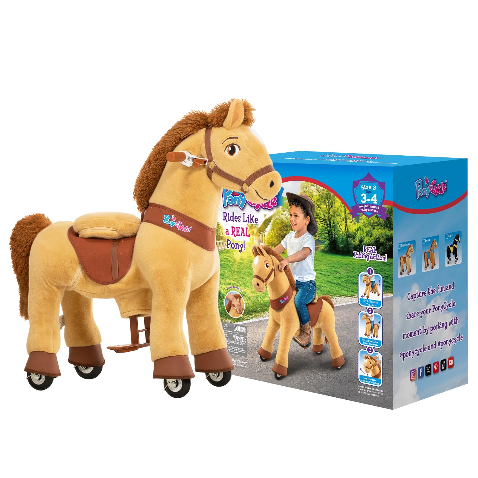 PonyCycle Ride on Toys Riding Black Horse Toys No Battery Required (with Brake/ 30" Height/Size 3) Pony Rider Walking Animals Rocking Horse Ride on Horse for Kids Riding Toys E338