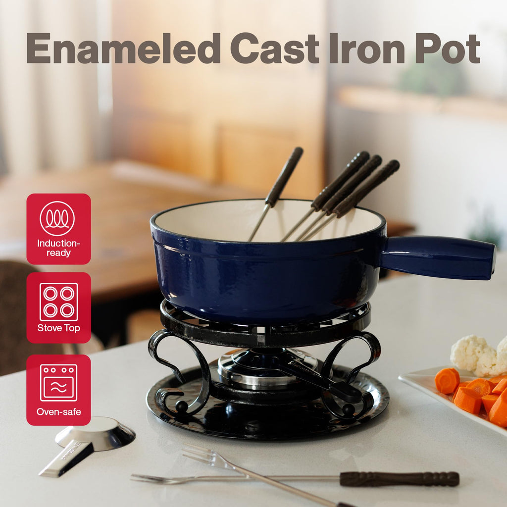Swissmar Lugano Cast Iron Cheese Fondue Set, 9-Piece, 2 QT / 2 L - Ideal for Melting Cheese, Chocolates, Caramel, & More - Perfect for Kitchen Collection & Gift Giving - Matte Black