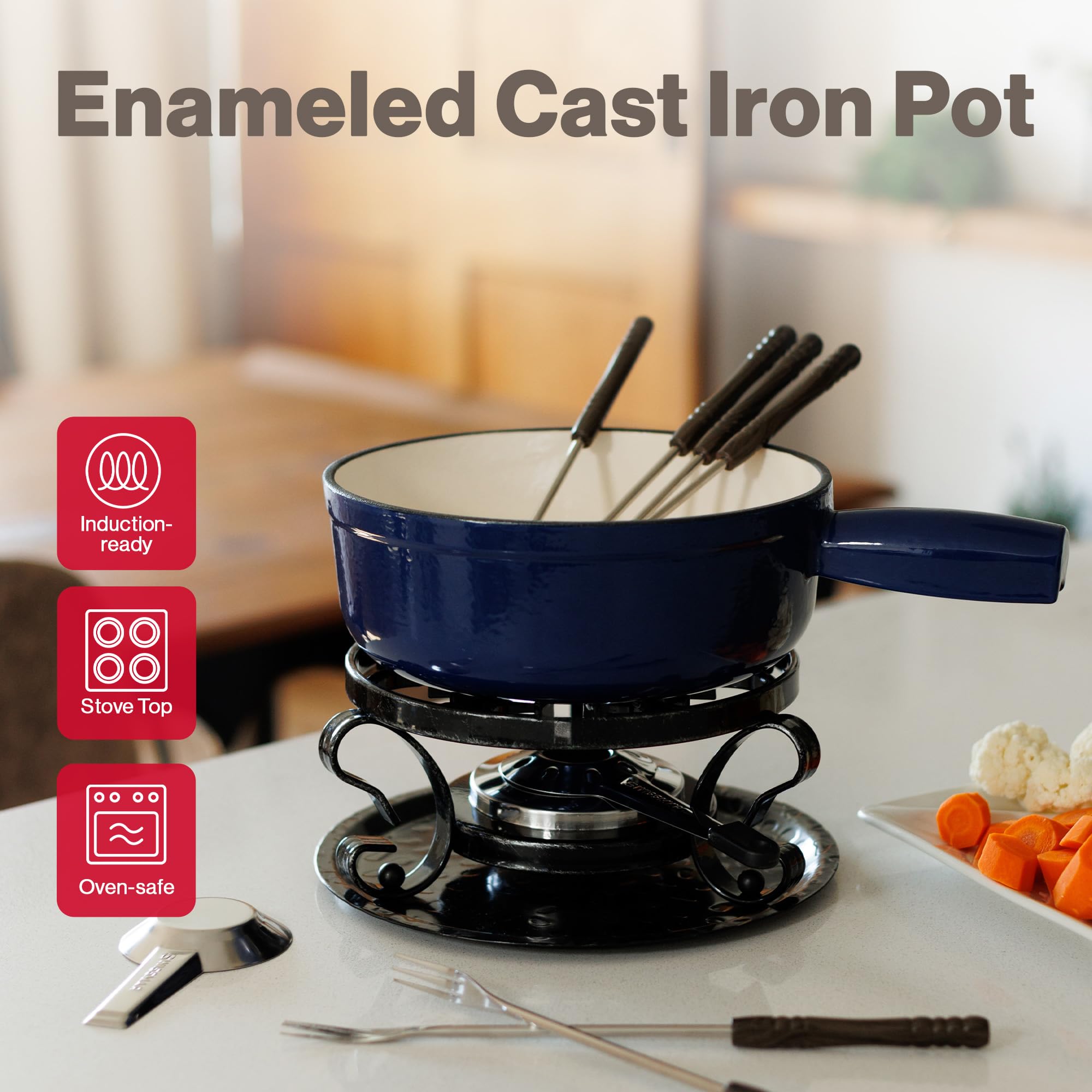 Swissmar Lugano Cast Iron Cheese Fondue Set, 9-Piece, 2 QT / 2 L - Ideal for Melting Cheese, Chocolates, Caramel, & More - Perfect for Kitchen Collection & Gift Giving - Matte Black