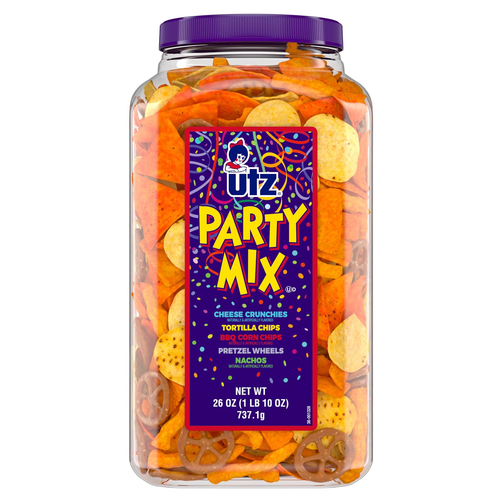 Utz Party Mix - Tasty Snack Mix Includes Corn Tortillas, Nacho Tortillas, Pretzels, BBQ Corn Chips and Cheese Curls, Cholesterol Free and Trans-Fat Free, 1.62 Pound (Pack of 1)