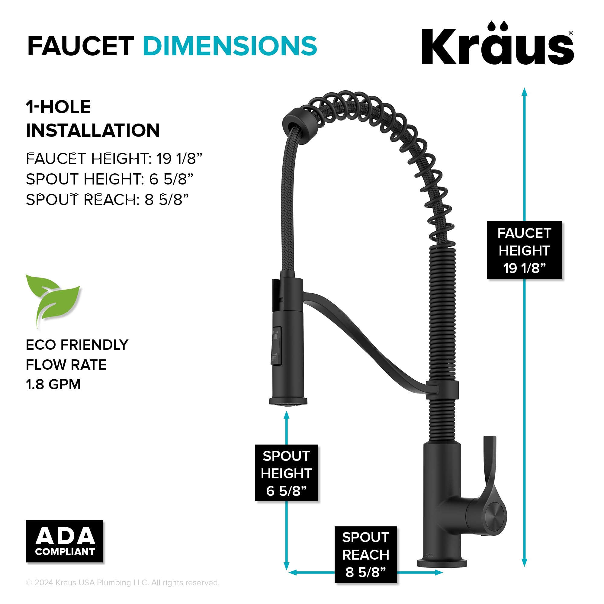 KRAUS Torak Pull Down Kitchen Faucet in Matte Black with Commercial Style Spring Spout, 2 Function Sprayer, Pre-Attached Water Lines, and Mounting Hardware, KPF-2635MB