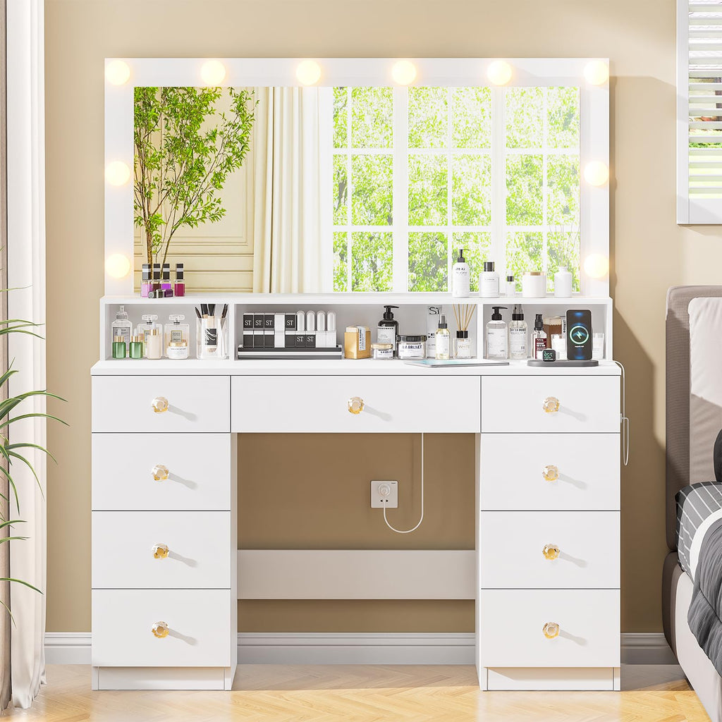 Vanity Desk with Lighted Mirror, Black Vanity with 4 Drawers,Makeup Vanity with Storage Shelves and Power Outlet,10 Lights with 3 Color Modes Brightness Adjustable for Girls’ Bedroom (Black)