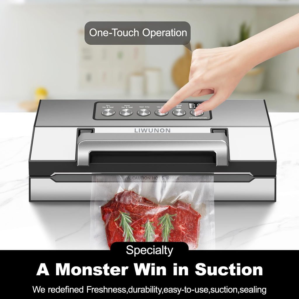Powerful Suction Vacuum Sealer Machine,Commercial Fully Automatic Food Vacuum Sealer with Double Heat Seal,Dry & Moist Modes,Built-in Cutter,Bags Storage,Easy-Lock Handle,Include 2 Bag Rolls (Black)