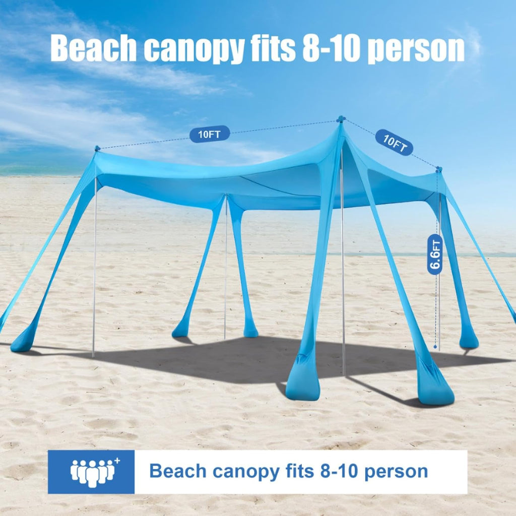 Beach Tent Sun Shelter, Beach Shade Canopy UPF50+, 10x10ft Canopy Tent with 8 Sandbags, Sand Shovels, Ground Pegs & Stability Poles, Pop Up Shade Tents for Beach, Camping, Fishing