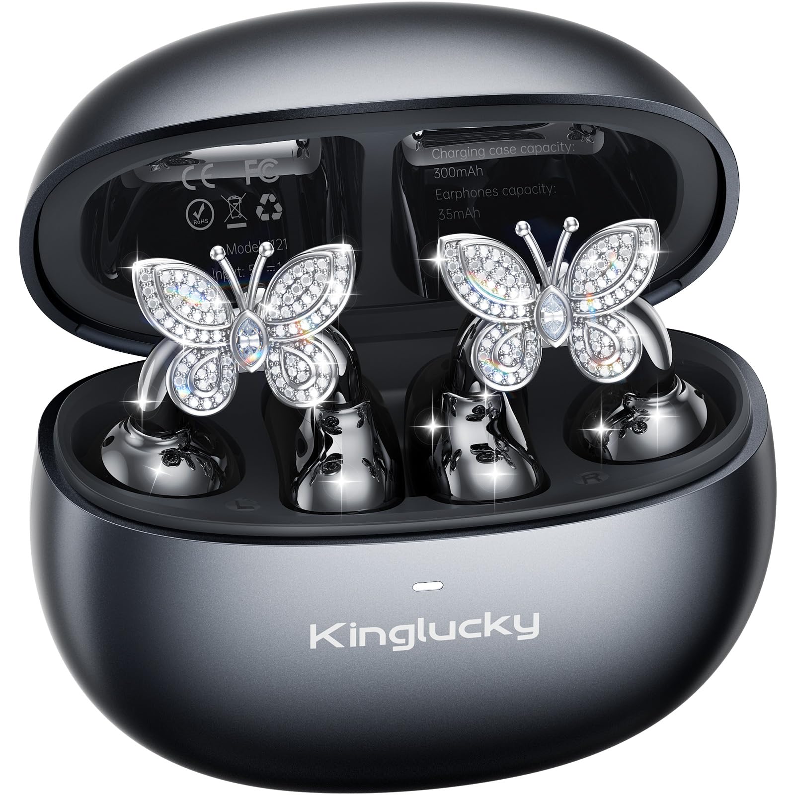Kinglucky Jewelry-Inspired Clip-On Earbuds with Butterfly Earrings, Comfortable Fit & 40H Playtime Open Ear Bluetooth 5.4 Wireless Headphones for Women, Small Ears, Sports & Workouts (Black)
