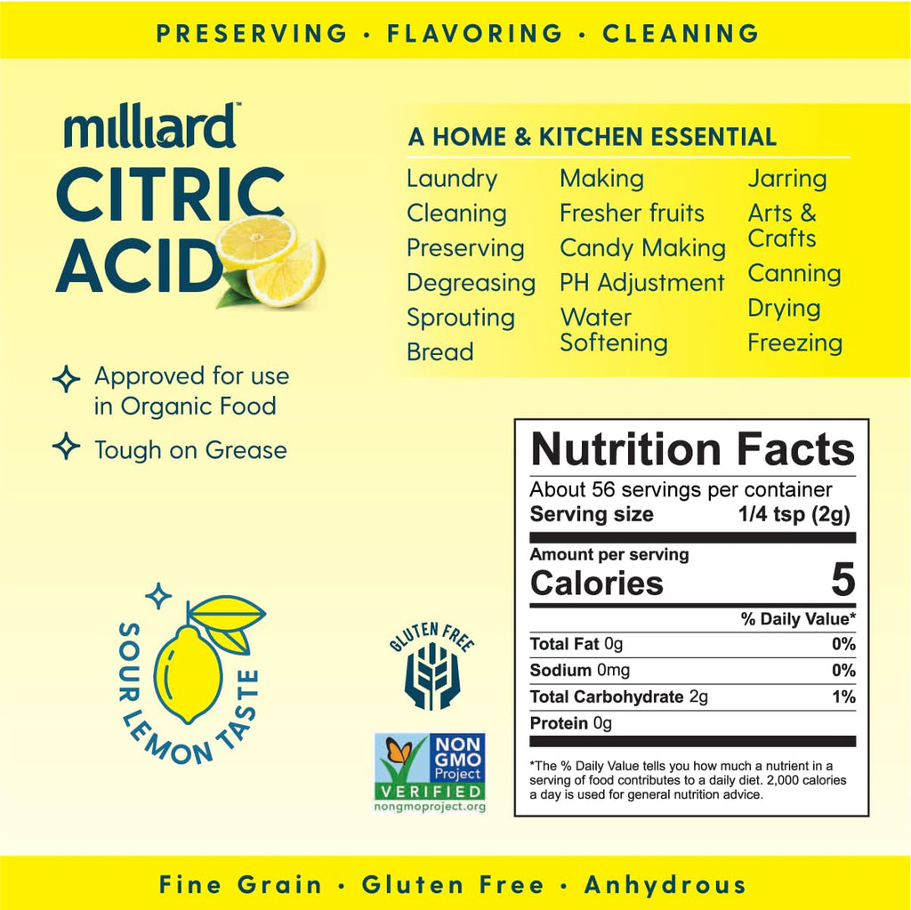Milliard Citric Acid 1 Pound - 100% Pure Food Grade Non-GMO Project Verified (1 Pound)