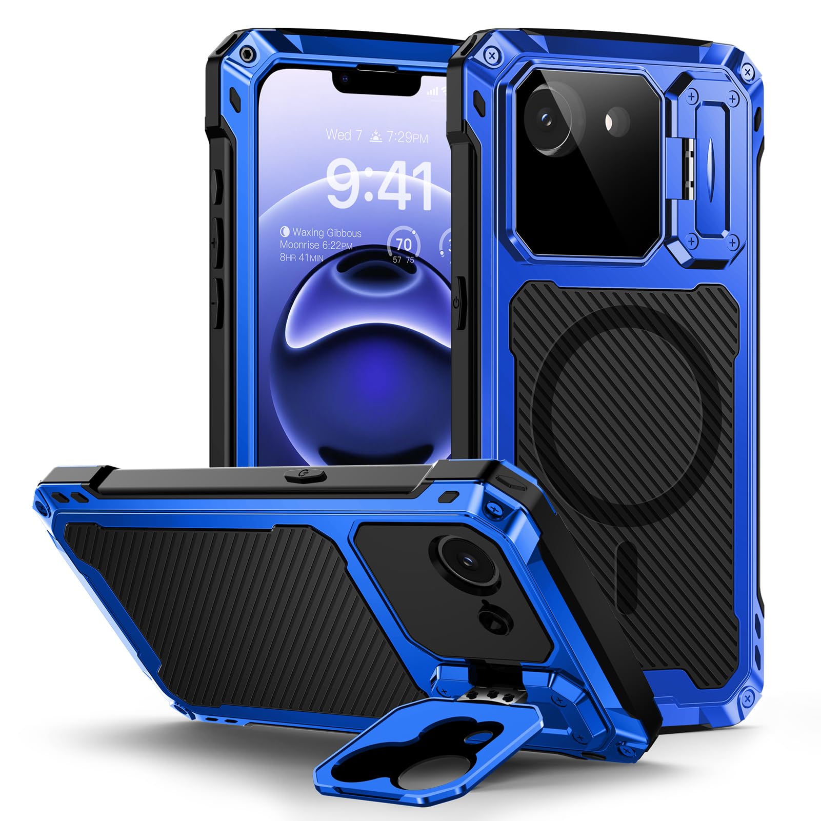 Lanhiem for iPhone 16 Metal Case with Camera Cover & Stand [Compatible with MagSafe] [Built-in Kickstand] [Military-Grade Protection] Heavy Duty Rugged Magnetic Phone Case, Black