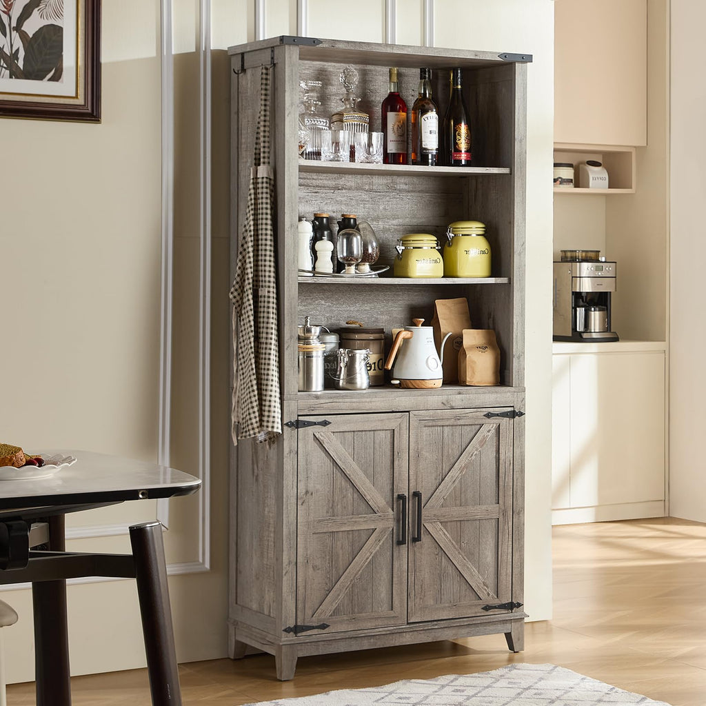 Joaxswe 70in Tall Bookshelf 5 Tier Bookcase with Barn Doors and Adjustable Shelves, Black Farmhouse Book Shelf with Storage Cabinet, Wood Freestanding Display Bookshelves for Bedroom, Living Room