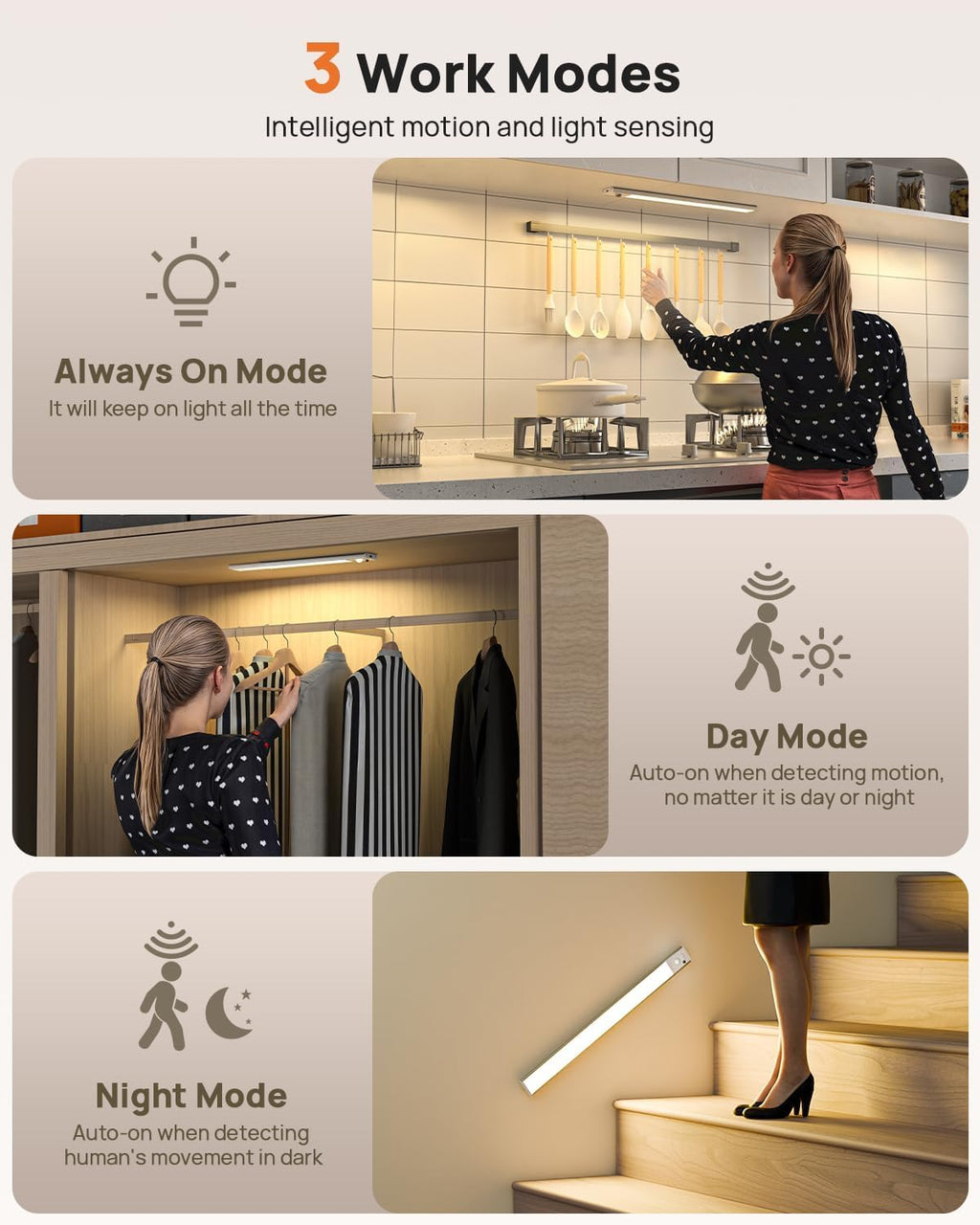 9" Under Cabinet Lights Wireless, Motion Sensor Light Indoor with Remote, LED Rechargeable Closet Light, 3 Color Temps, Dimmable, Magnetic, Under Counter Lights for Kitchen, Stairs, Pantry, Hallway