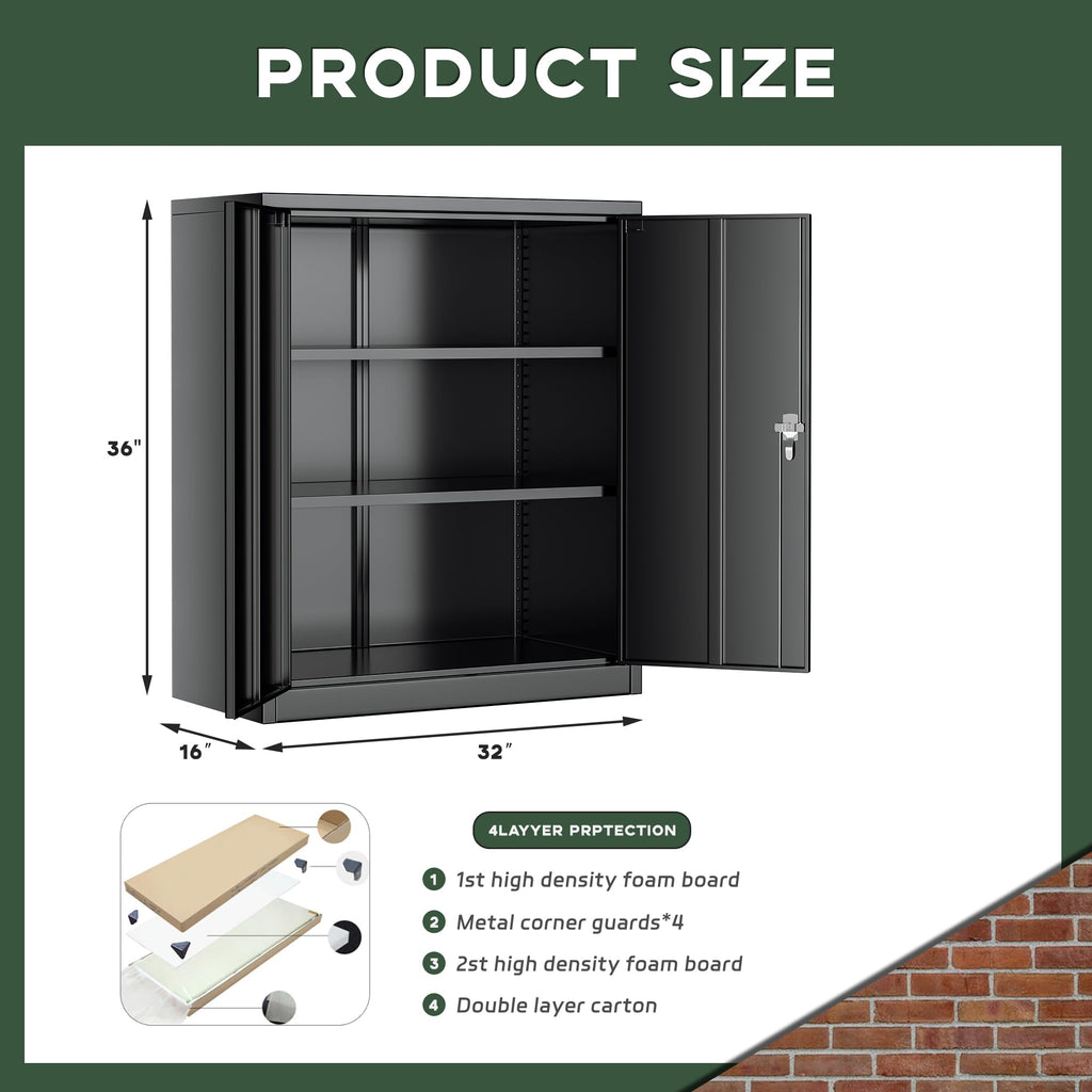 Greenvelly Metal Storage Cabinet, 36" Locking Storage Cabinet with Doors and Shelves, Lockable Storage Cabinets for Home Office, Utility Locker Cabinet, Steel Garage Cabinet with 2 Keys, Black