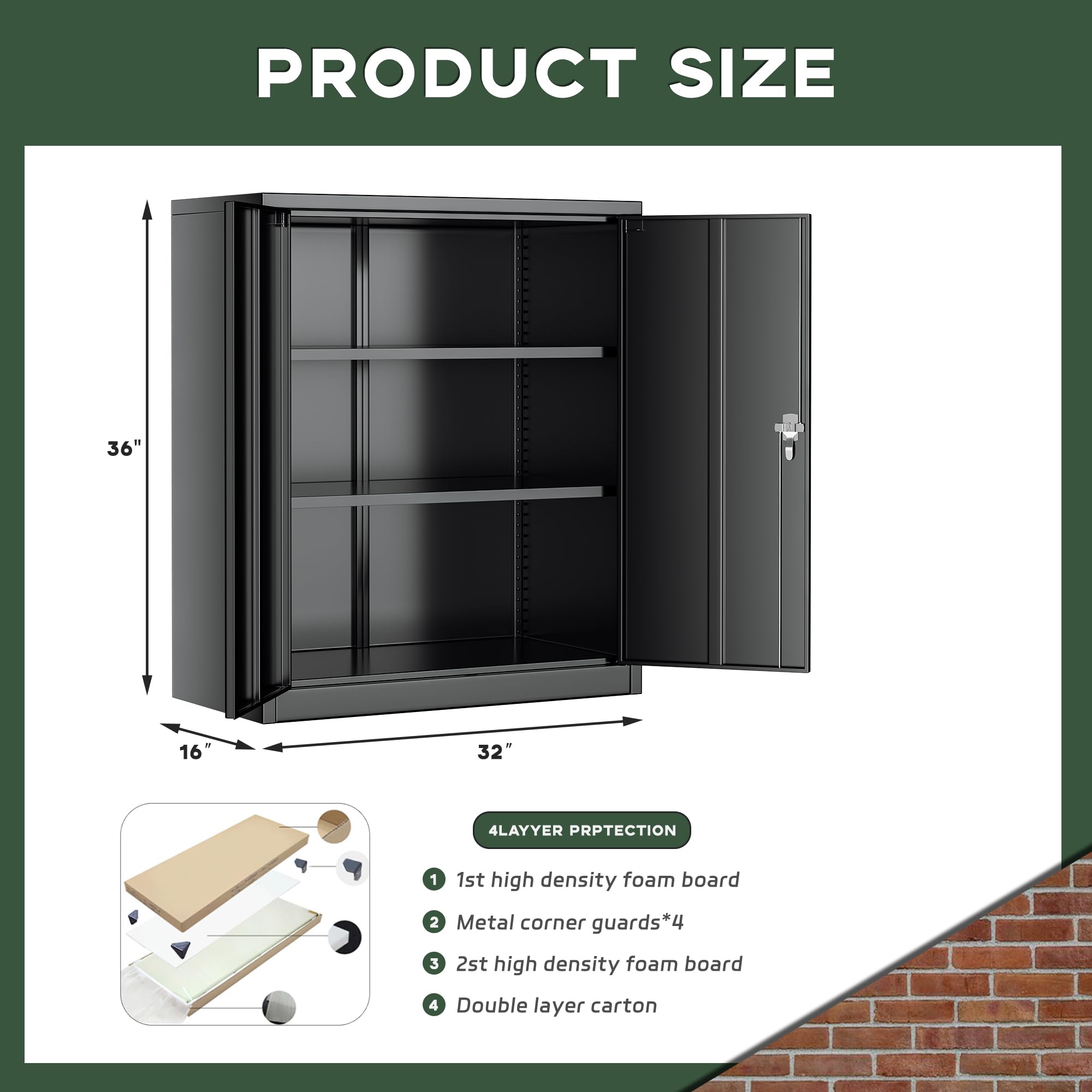 Greenvelly Metal Storage Cabinet, 36" Locking Storage Cabinet with Doors and Shelves, Lockable Storage Cabinets for Home Office, Utility Locker Cabinet, Steel Garage Cabinet with 2 Keys, Black